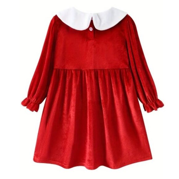Christmas Santa Reindeer Girls Red Long Sleeve Velour Dress & Headband - Picture 5 of 6
